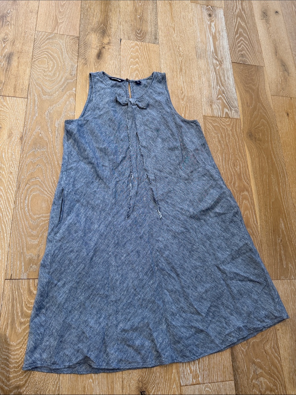 Lands' End Linen Blue Shift Dress Front Bow Size Large